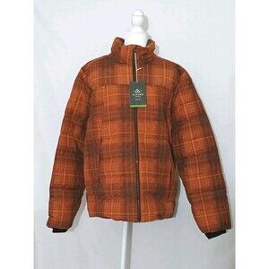 Alpine Design Mens Down Puffer Jacket Rustic Plaid Size Large Orange Brown New